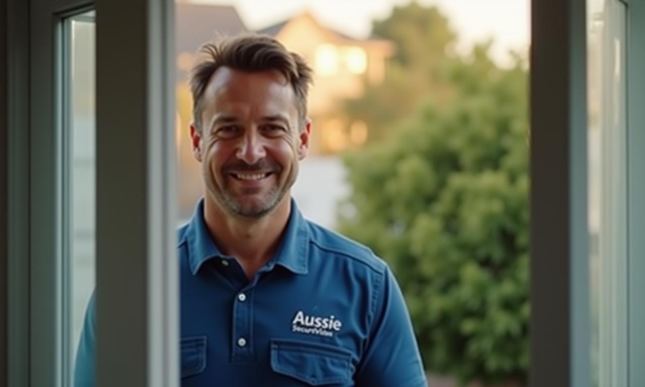 Friendly Aussie SecureVision technician at front door securing home