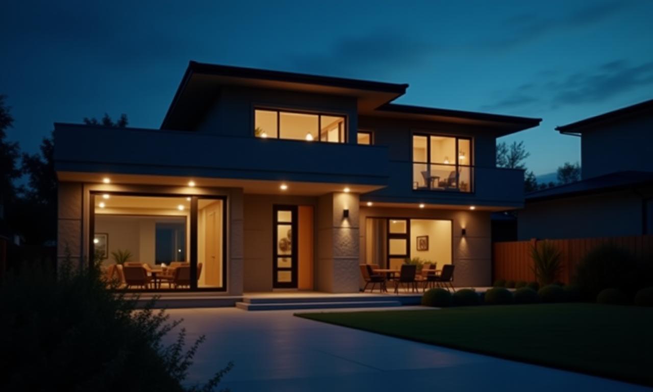 Secure smart home at dusk with modern security cameras