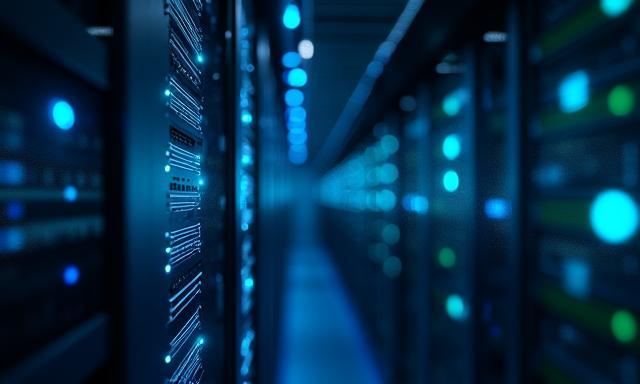 Cloud server racks glowing with blue light representing video storage