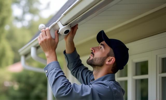 Professional installing smart security camera under eaves